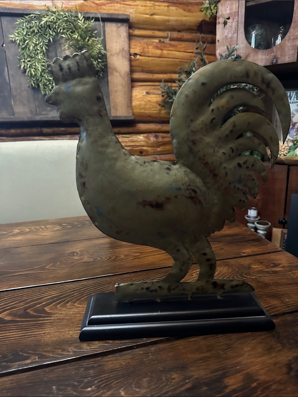 Hobby Lobby Distressed Green Metal Rooster Sculpture on Black Base